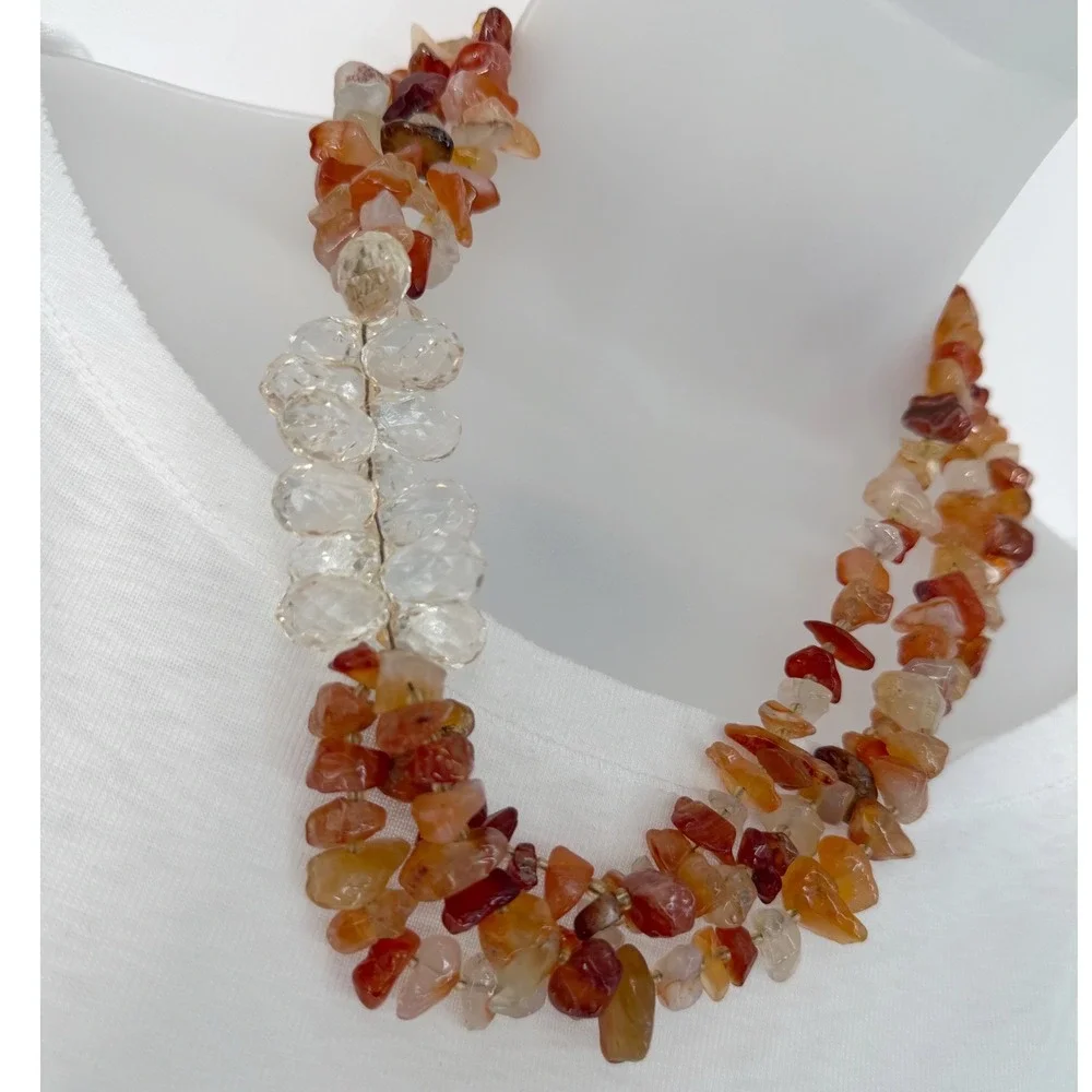 LOFT Orange Stone Chip Multi Strand Necklace Amber Clear Bead Accent Chic 103-63